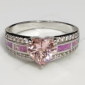 Fashion Jewelry Pink Heart CZ Ring Synthetic Opal Oval Silver Tone Size 9 NOS